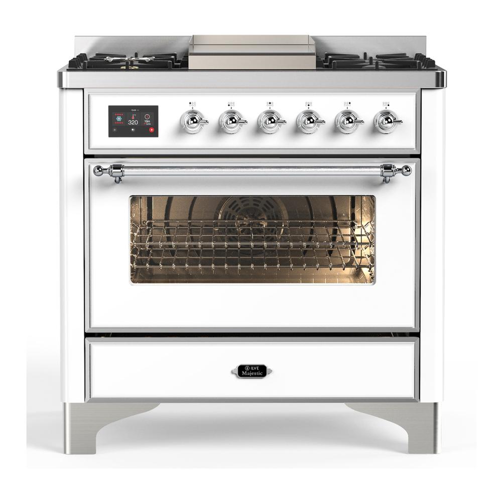 Ilve UM36FNR3WHCLP Ilve Um36Fnr3Whclp Majestic Iii 36 Inch Dual Fuel Range With 6 Black Brass Burners And Griddle, Dual Function Burner Up To 25,000 Btu (Triple Glass Door, White, Chrome, Liquid Propane)
