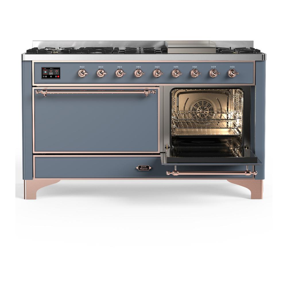 Ilve UM60FQNR3BGP Ilve Um60Fqnr3Bgp Majestic Iii 60 Inch Dual Fuel Range With 9 Burners And Griddle, Dual Function Burner Up To 25,000 Btu (Natural Gas, Solid Door, Blue Grey, Copper)