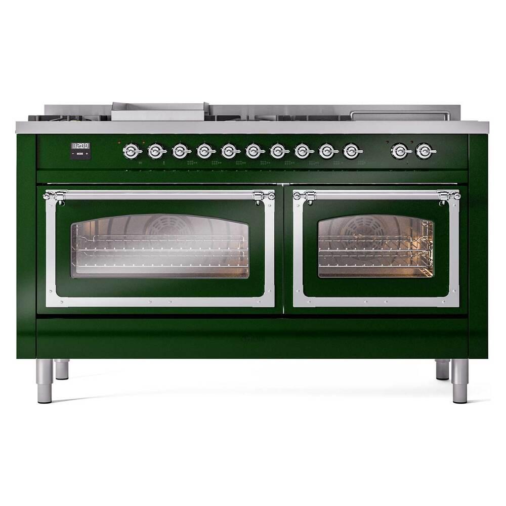 Ilve UN60FSNMPEGCLP Ilve Un60Fsnmpegclp Nostalgie Ii Noblesse 60" Dual Fuel Range (7 Sealed Burners + Griddle + French Top, Liquid Propane, Triple Glass Door, Emerald Green, Chrome)