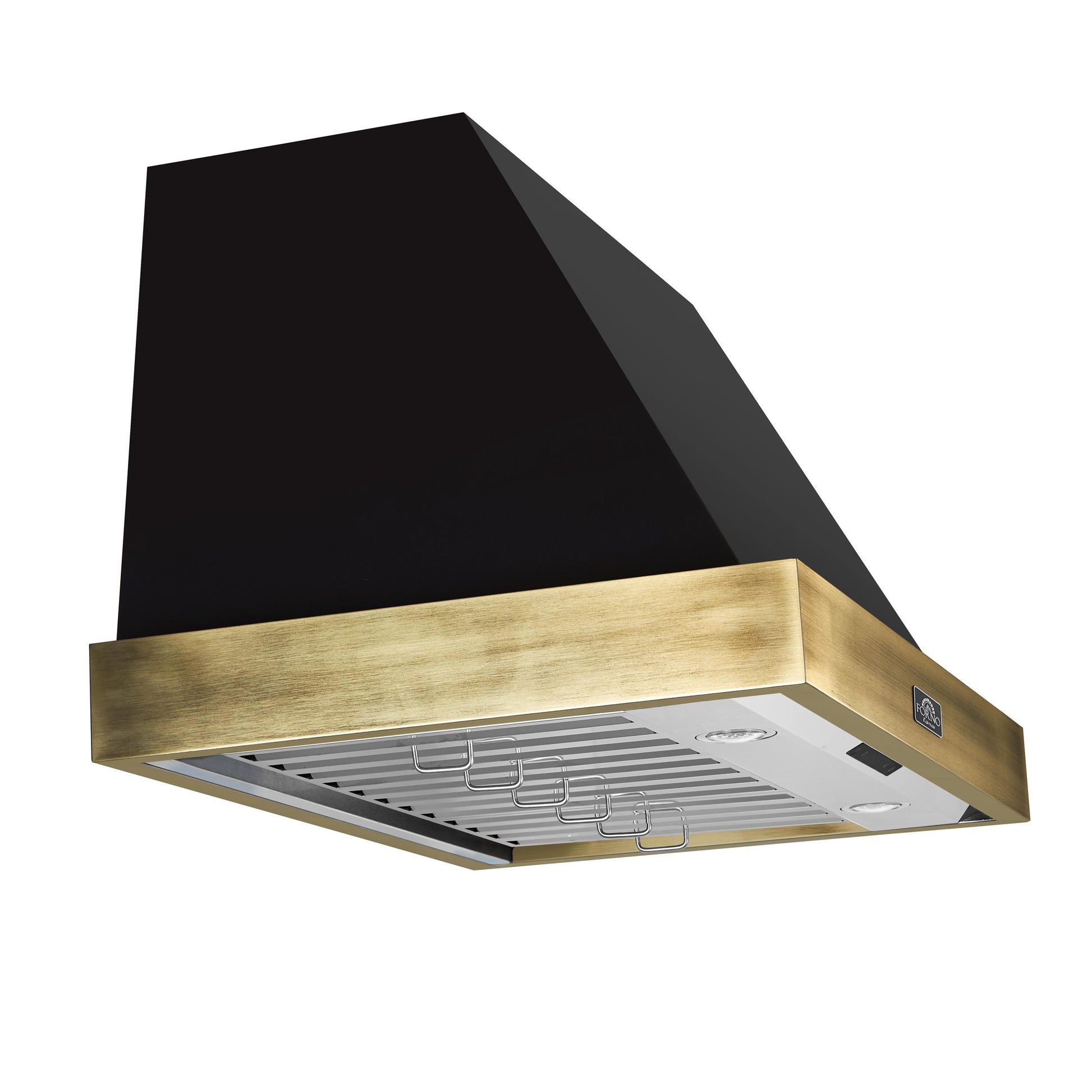 Forno FRHWM507836BLK Forno Vittorio 36-Inch Wall Mount Range Hood, Black With Antique Brass Trim, 424 Cfm Airflow, Dishwasher-Safe Baffle Filters, Remote Control, 3-Speed Fan, Bright Led Lighting.