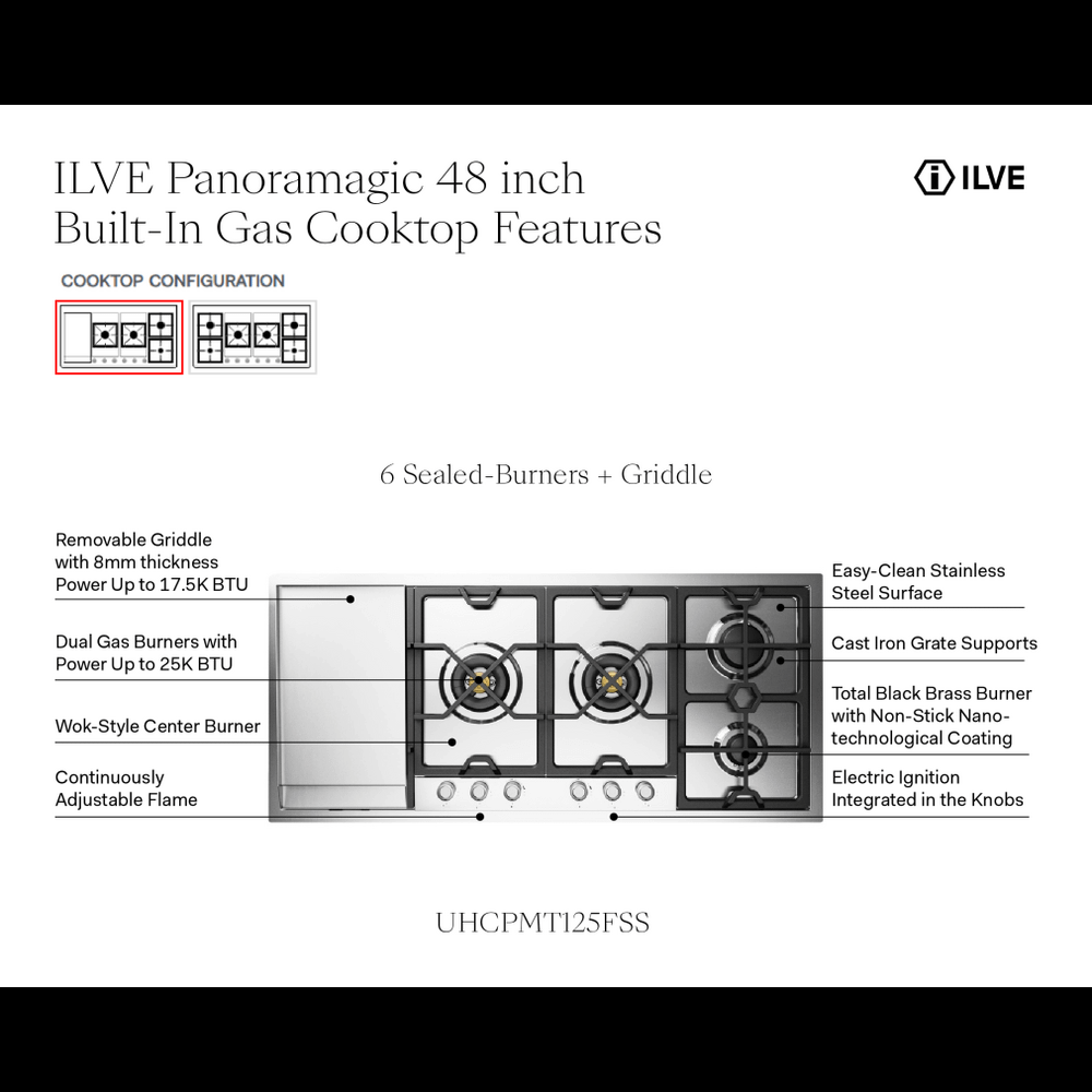 Ilve UHCPMT125FSSLP Ilve Uhcpmt125Fsslp Panoramagic 48 Inch Built-In Gas Cooktop With Total Black Brass Burners, In Stainless Steel (6 Sealed Burners + Left Griddle, Liquid Propane)