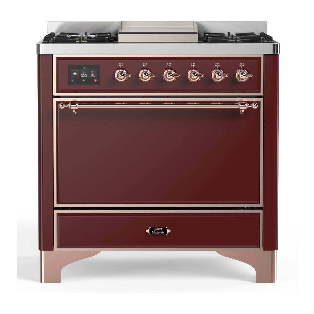 Ilve UM36FQNR3BUP Ilve Um36Fqnr3Bup Majestic Iii 36 Inch Dual Fuel Range With 6 Black Brass Burners And Griddle, Dual Function Burner Up To 25,000 Btu (Solid Door, Burgundy, Copper, Natural Gas)