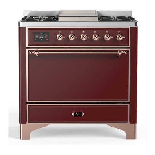 Ilve UM36FQNR3BUP Ilve Um36Fqnr3Bup Majestic Iii 36 Inch Dual Fuel Range With 6 Black Brass Burners And Griddle, Dual Function Burner Up To 25,000 Btu (Solid Door, Burgundy, Copper, Natural Gas)