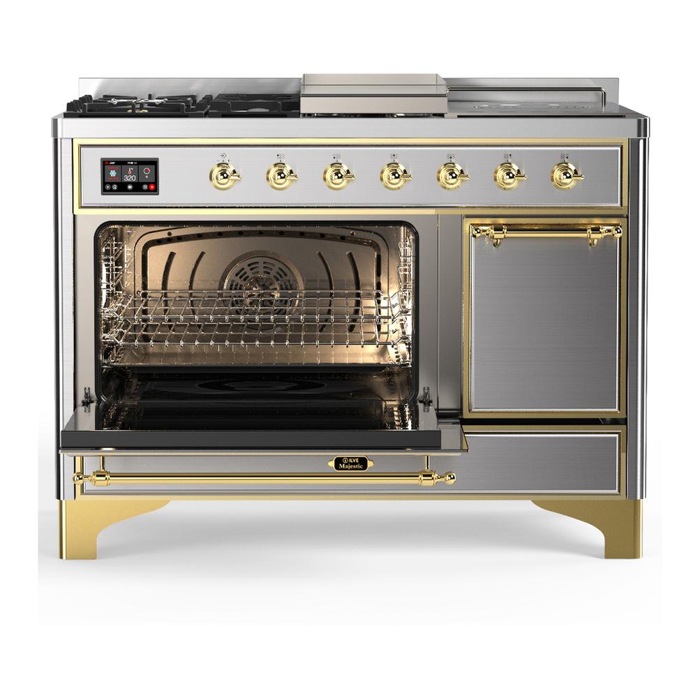 Ilve UM48FSQNR3SSG Ilve Um48Fsqnr3Ssg Majestic Iii 48 Inch Dual Fuel Range With 5 Black Brass Burners, Griddle And French Top, Dual Function Burner Up To 25,000 Btu (Natural Gas, Solid Door, Stainless Steel, Brass)