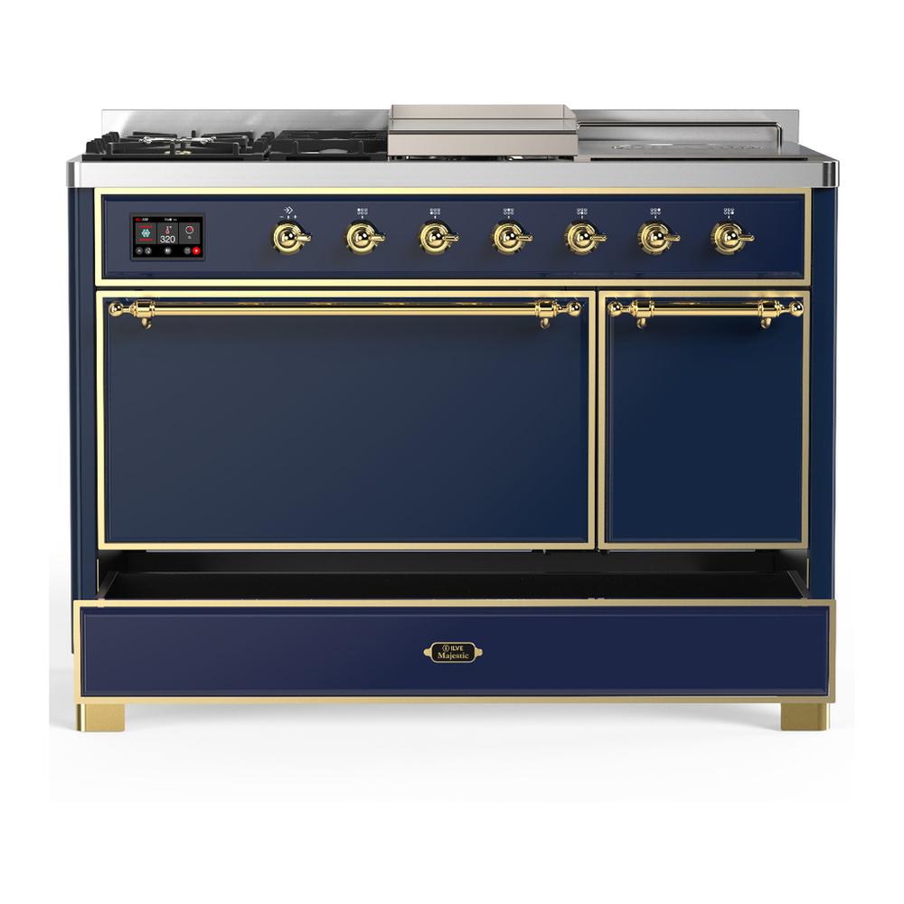 Ilve UM48FSQNR3MBGLP Ilve Um48Fsqnr3Mbglp Majestic Iii 48 Inch Dual Fuel Range With 5 Black Brass Burners, Griddle And French Top, Dual Function Burner Up To 25,000 Btu (Liquid Propane, Solid Door, Midnight Blue, Brass)