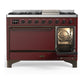 Ilve UM48FQNR3BUBLP Ilve Um48Fqnr3Bublp Majestic Iii 48 Inch Dual Fuel Range With 8 Burners And Griddle, Dual Function Burner Up To 25,000 Btu (Liquid Propane, Solid Door, Burgundy, Burnished)