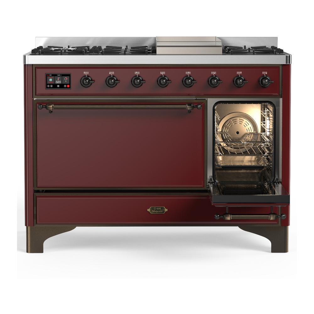 Ilve UM48FQNR3BUBLP Ilve Um48Fqnr3Bublp Majestic Iii 48 Inch Dual Fuel Range With 8 Burners And Griddle, Dual Function Burner Up To 25,000 Btu (Liquid Propane, Solid Door, Burgundy, Burnished)
