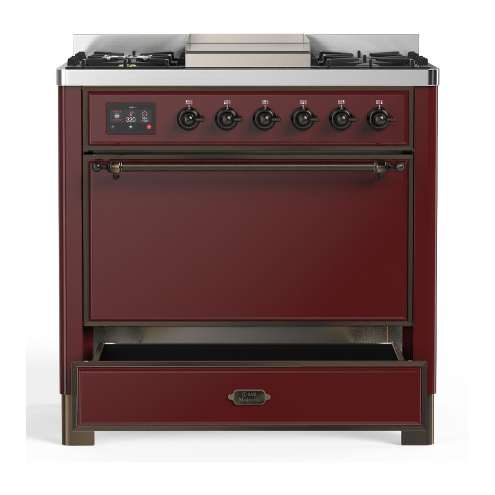 Ilve UM36FQNR3BUB Ilve Um36Fqnr3Bub Majestic Iii 36 Inch Dual Fuel Range With 6 Black Brass Burners And Griddle, Dual Function Burner Up To 25,000 Btu (Solid Door, Burgundy, Burnished, Natural Gas)