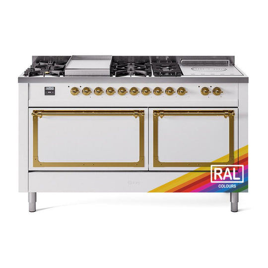 Ilve UN60FSQNMPRAG Ilve Un60Fsqnmprag Nostalgie Ii Noblesse 60" Dual Fuel Range (7 Sealed Burners + Griddle + French Top, Natural Gas, Solid Door, Ral, Brass)