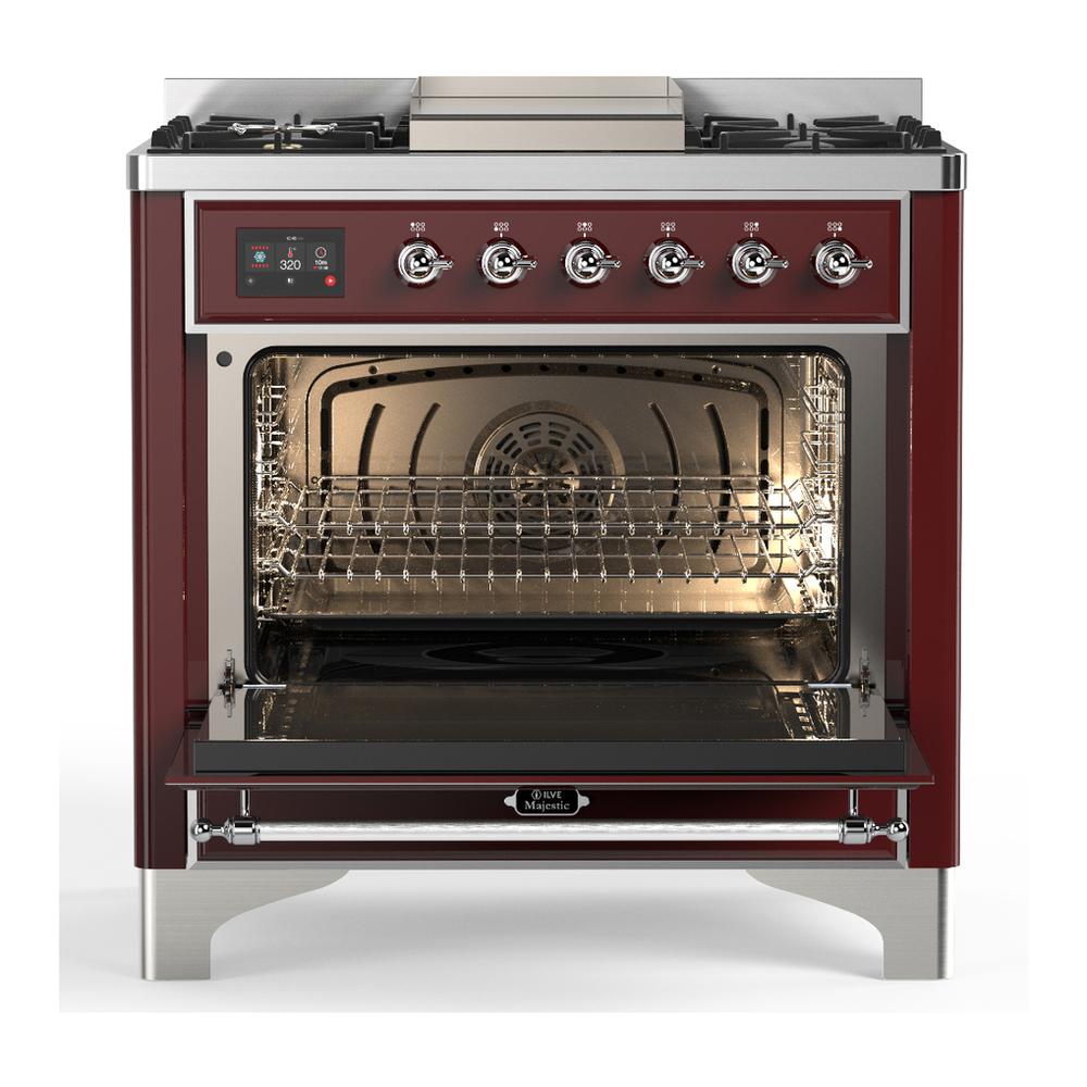 Ilve UM36FQNR3BUC Ilve Um36Fqnr3Buc Majestic Iii 36 Inch Dual Fuel Range With 6 Black Brass Burners And Griddle, Dual Function Burner Up To 25,000 Btu (Solid Door, Burgundy, Chrome, Natural Gas)