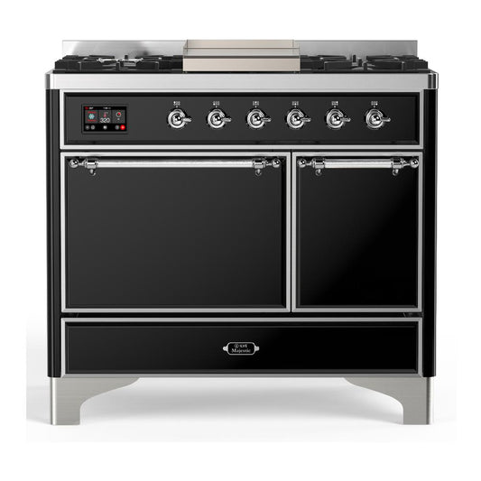 Ilve UMD40FQNR3BKCLP Ilve Umd40Fqnr3Bkclp Majestic Iii 40 Inch Dual Fuel Range With 6 Burners And Griddle, Dual Function Burner Up To 25,000 Btu (Liquid Propane, Solid Door, Glossy Black, Chrome)