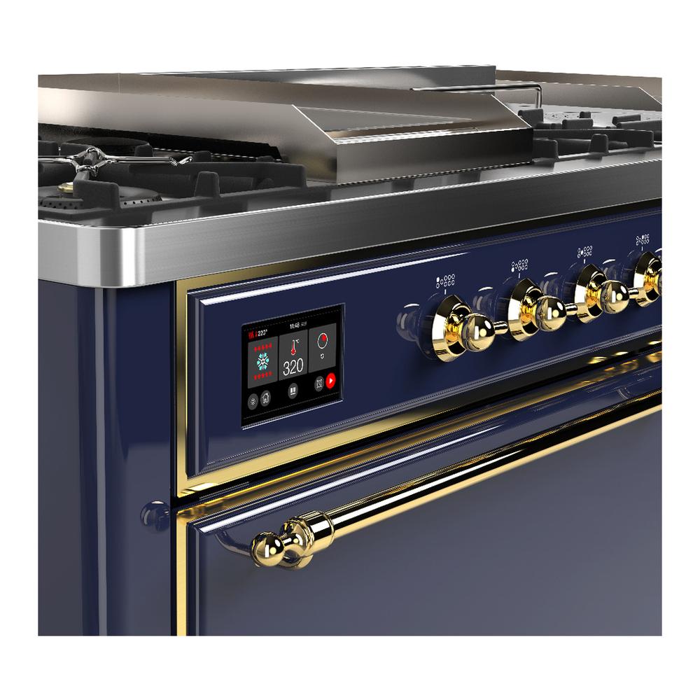 Ilve UM60FSQNR3MBGLP Ilve Um60Fsqnr3Mbglp Majestic Iii 60 Inch Dual Fuel Range With 7 Burners, Griddle And French Top, Dual Function Burner With Up To 25,000 Btu (Liquid Propane, Solid Door, Midnight Blue, Brass)