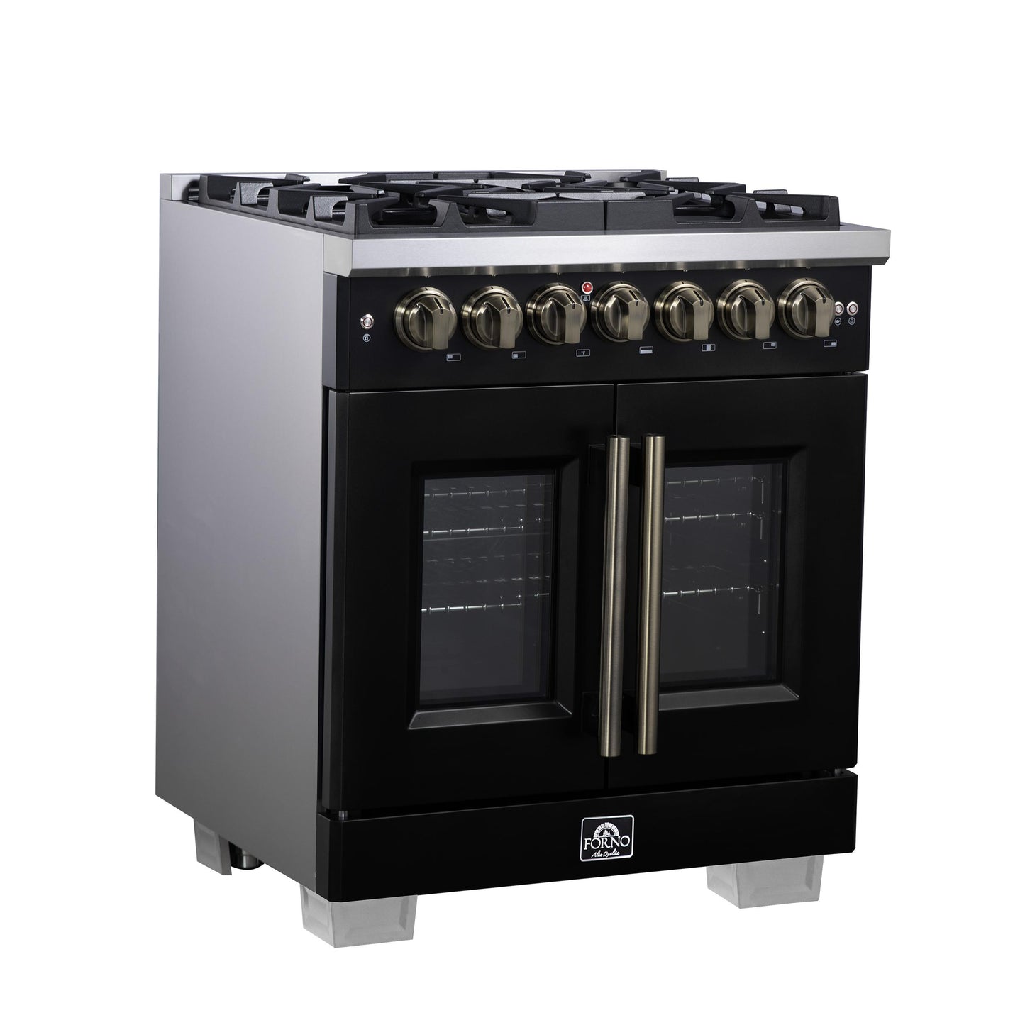 Forno FFSGS638730BLK Forno Capriasca 30-Inch Freestanding French Door Dual Fuel Range In Black With Antique Brass Accessories, 5 Burners, True Convection Oven