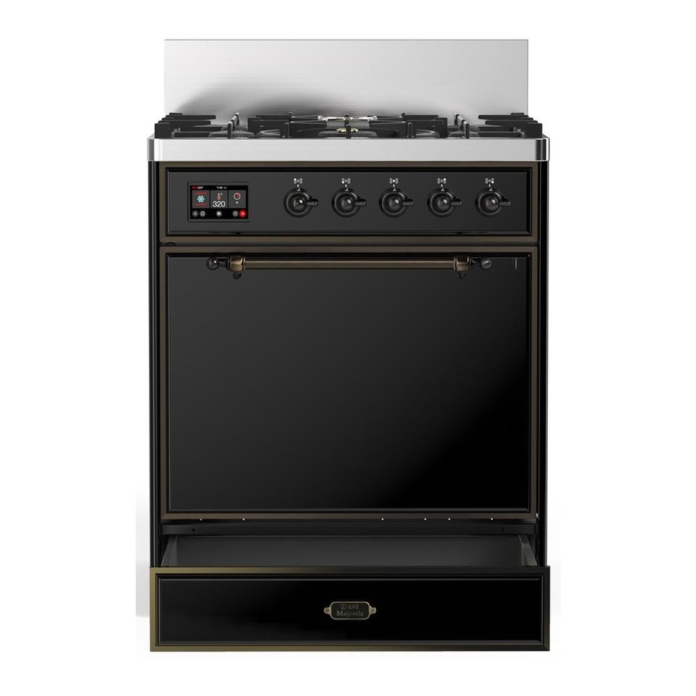Ilve UM30QNR3BKBLP Ilve Um30Qnr3Bkblp Majestic Iii 30 Inch Dual Fuel Range With 5 Black Brass Burners, Dual Function Burner Up To 25,000 Btu (Liquid Propane, Solid Door, Glossy Black, Burnished)