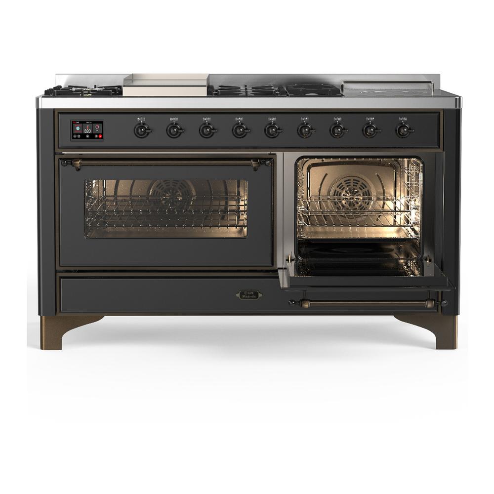Ilve UM60FSNR3MGBLP Ilve Um60Fsnr3Mgblp Majestic Iii 60 Inch Dual Fuel Range With 7 Burners, Griddle And French Top, Dual Function Burner With Up To 25,000 Btu (Liquid Propane, Triple Glass Door, Graphite Matte, Burnished)