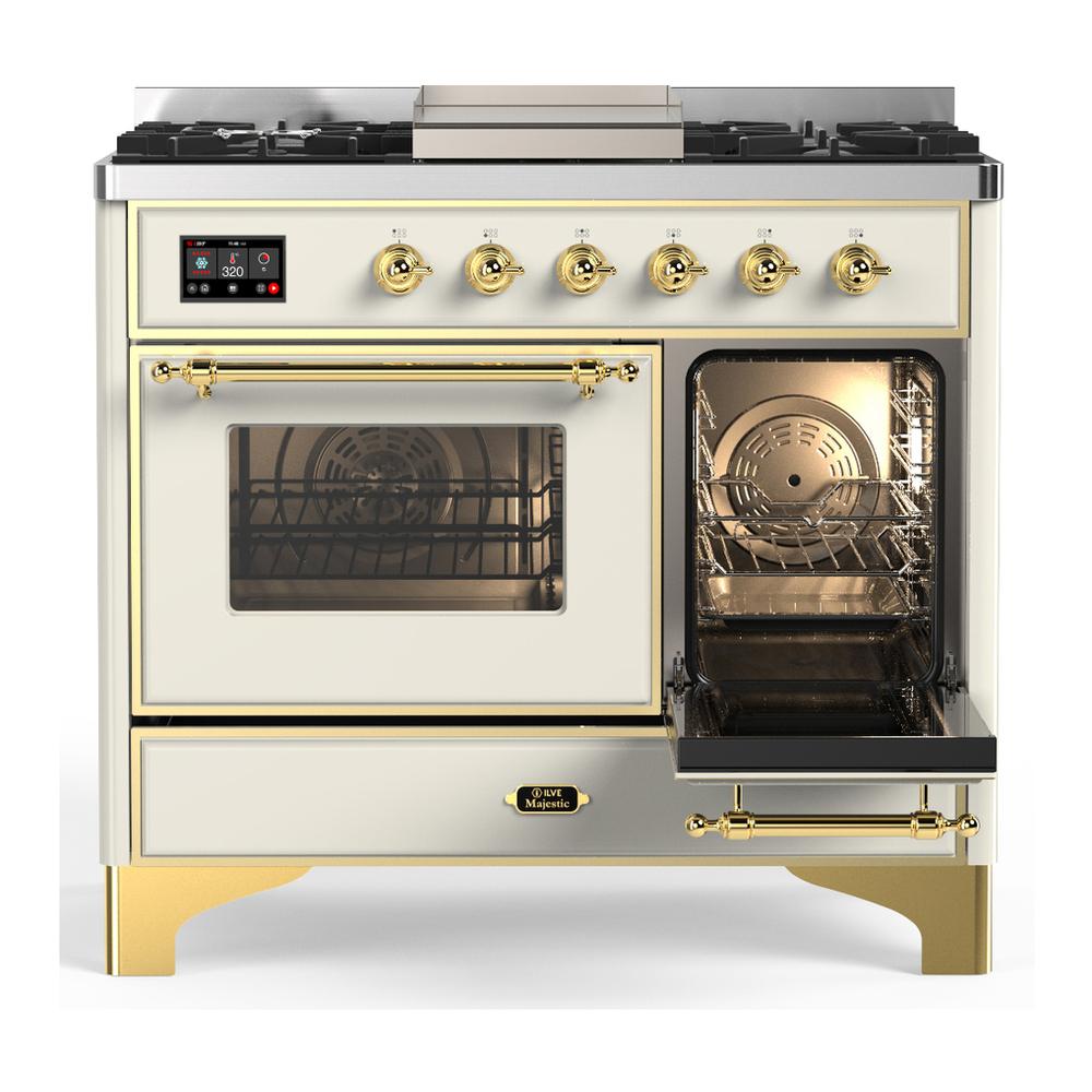 Ilve UMD40FNR3AWG Ilve Umd40Fnr3Awg Majestic Iii 40 Inch Dual Fuel Range With 6 Burners And Griddle, Dual Function Burner Up To 25,000 Btu (Natural Gas, Triple Glass Door, Antique White, Brass)