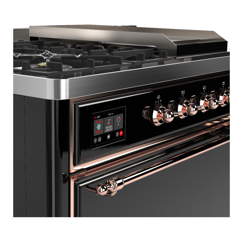 Ilve UM48FSQNR3BKPLP Ilve Um48Fsqnr3Bkplp Majestic Iii 48 Inch Dual Fuel Range With 5 Black Brass Burners, Griddle And French Top, Dual Function Burner Up To 25,000 Btu (Liquid Propane, Solid Door, Glossy Black, Copper)