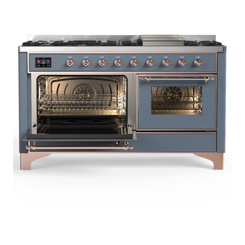 Ilve UM60FNR3BGP Ilve Um60Fnr3Bgp Majestic Iii 60 Inch Dual Fuel Range With 9 Burners And Griddle, Dual Function Burner Up To 25,000 Btu (Natural Gas, Triple Glass Door, Blue Grey, Copper)
