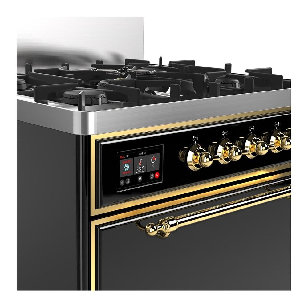 Ilve UM30QNR3BKGLP Ilve Um30Qnr3Bkglp Majestic Iii 30 Inch Dual Fuel Range With 5 Black Brass Burners, Dual Function Burner Up To 25,000 Btu (Liquid Propane, Solid Door, Glossy Black, Brass)