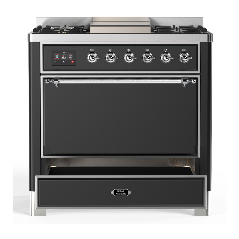 Ilve UM36FQNR3MGC Ilve Um36Fqnr3Mgc Majestic Iii 36 Inch Dual Fuel Range With 6 Black Brass Burners And Griddle, Dual Function Burner Up To 25,000 Btu (Solid Door, Graphite Matte, Chrome, Natural Gas)
