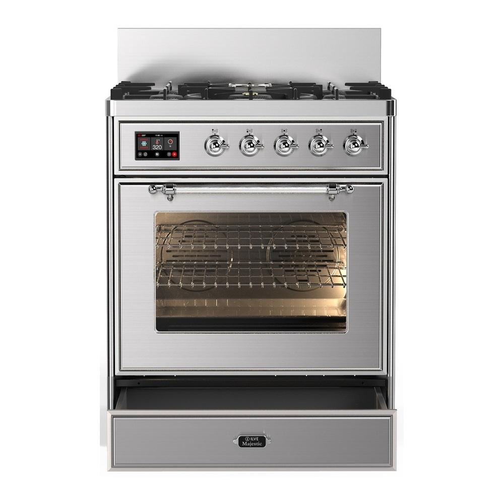 Ilve UM30NR3SSC Ilve Um30Nr3Ssc Majestic Iii 30 Inch Dual Fuel Range With 5 Black Brass Burners, Dual Function Burner Up To 25,000 Btu (Natural Gas, Triple Glass Door, Stainless Steel, Chrome)