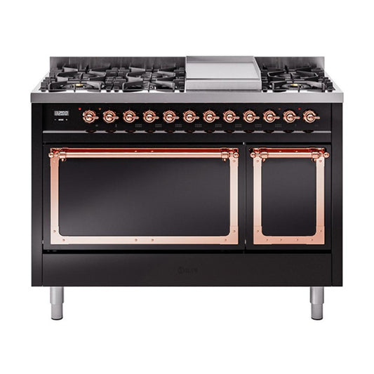 Ilve UN48FQNMPBKPLP Ilve Un48Fqnmpbkplp Nostalgie Ii Noblesse 48" Dual Fuel Range (8 Sealed Burners + Griddle, Liquid Propane, Solid Door, Glossy Black, Copper)