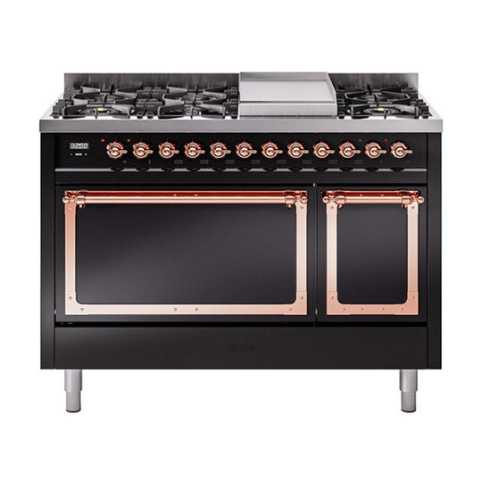 Ilve UN48FQNMPBKPLP Ilve Un48Fqnmpbkplp Nostalgie Ii Noblesse 48" Dual Fuel Range (8 Sealed Burners + Griddle, Liquid Propane, Solid Door, Glossy Black, Copper)