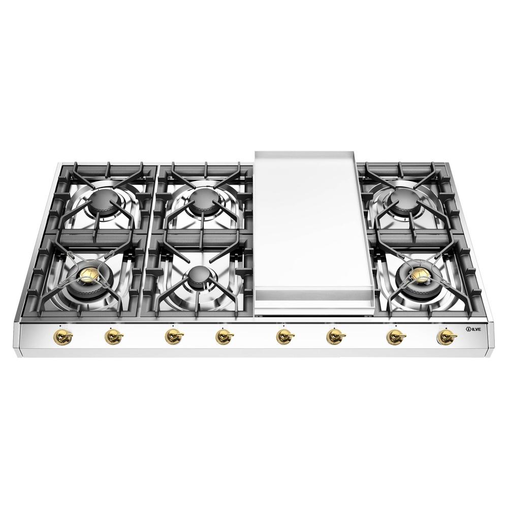 Ilve UHCP1265FNSSG Ilve Uhcp1265Fnssg Nostalgie Ii 48 Inch Built-In Gas Cooktop With 8 Burners, Griddle, In Stainless Steel (Natural Gas)