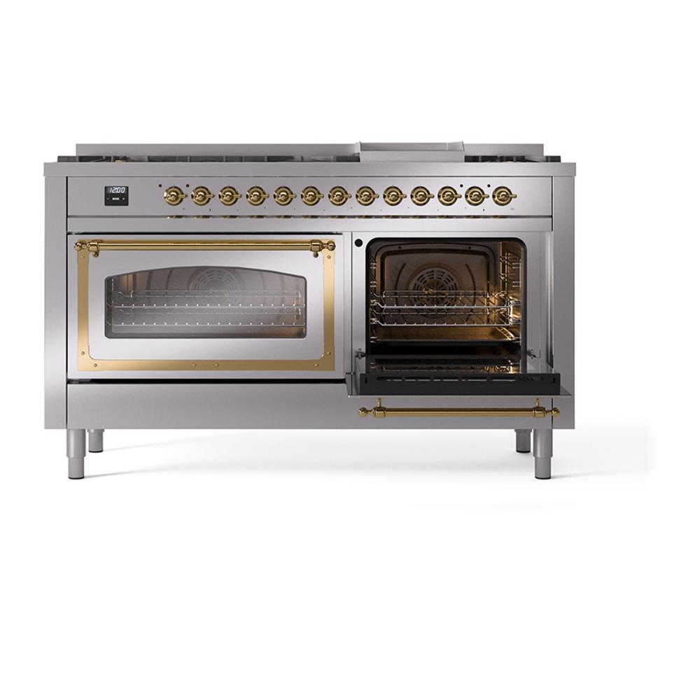 Ilve UN60FNMPSSG Ilve Un60Fnmpssg Nostalgie Ii Noblesse 60" Dual Fuel Range (9 Sealed Burners + Griddle, Natural Gas, Triple Glass Door, Stainless Steel, Brass)