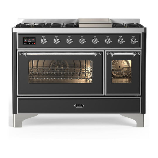 Ilve UM48FNR3MGCLP Ilve Um48Fnr3Mgclp Majestic Iii 48 Inch Dual Fuel Range With 8 Burners And Griddle, Dual Function Burner Up To 25,000 Btu (Liquid Propane, Triple Glass Door, Graphite Matte, Chrome)