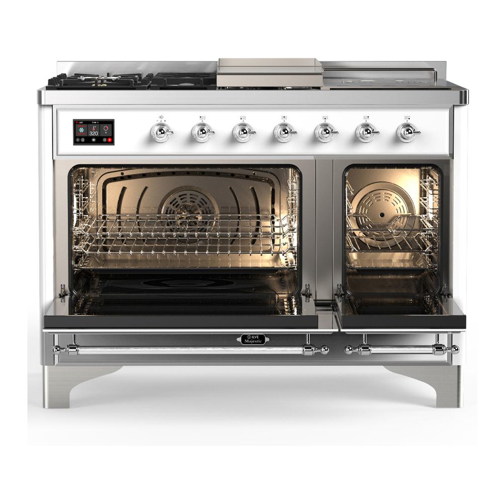 Ilve UM48FSNR3WHCLP Ilve Um48Fsnr3Whclp Majestic Iii 48 Inch Dual Fuel Range With 5 Black Brass Burners, Griddle And French Top, Dual Function Burner Up To 25,000 Btu (Liquid Propane, Triple Glass Door, White, Chrome)