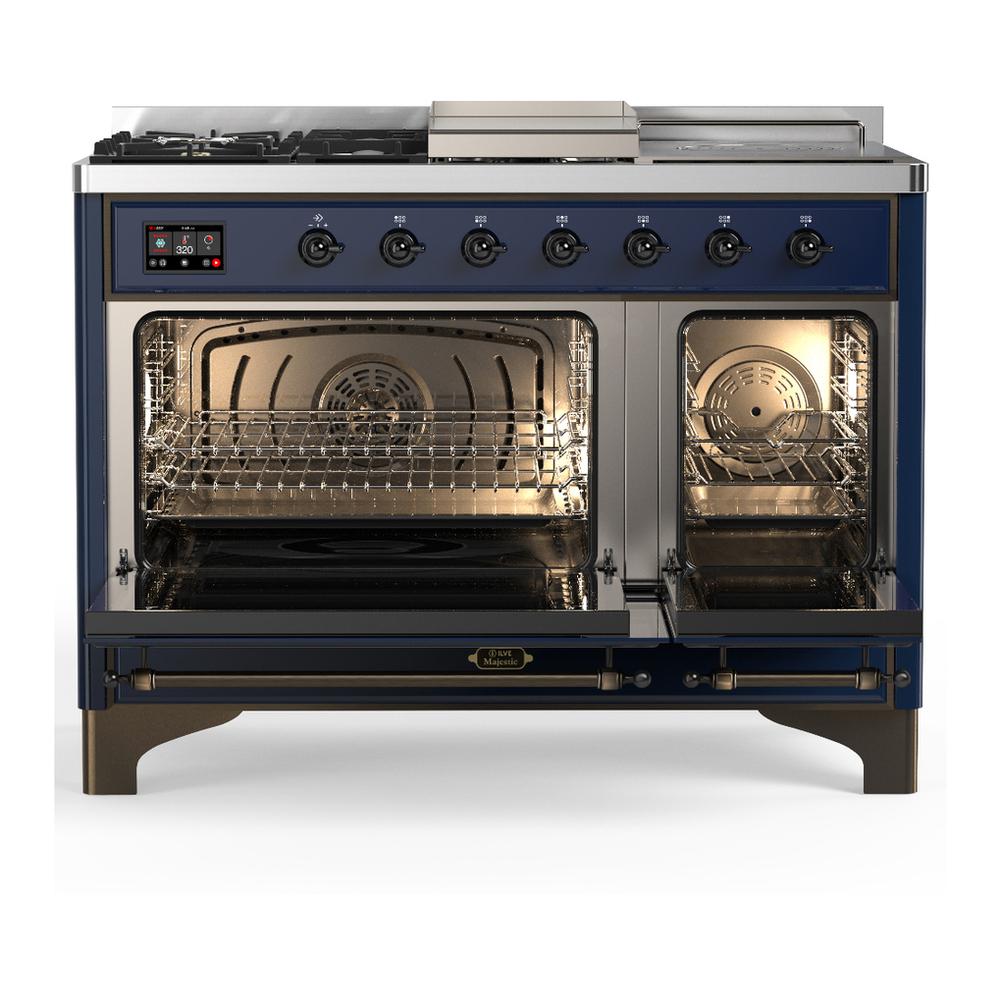 Ilve UM48FSNR3MBB Ilve Um48Fsnr3Mbb Majestic Iii 48 Inch Dual Fuel Range With 5 Black Brass Burners, Griddle And French Top, Dual Function Burner Up To 25,000 Btu (Natural Gas, Triple Glass Door, Midnight Blue, Burnished)