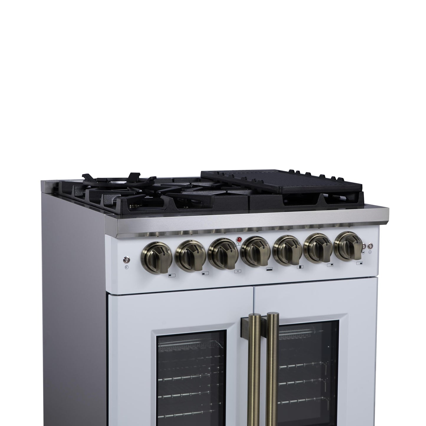 Forno FFSGS638730WHT Forno Capriasca 30-Inch Freestanding French Door Dual Fuel Range In White With Antique Brass Accessories, 5 Burners, True Convection Oven