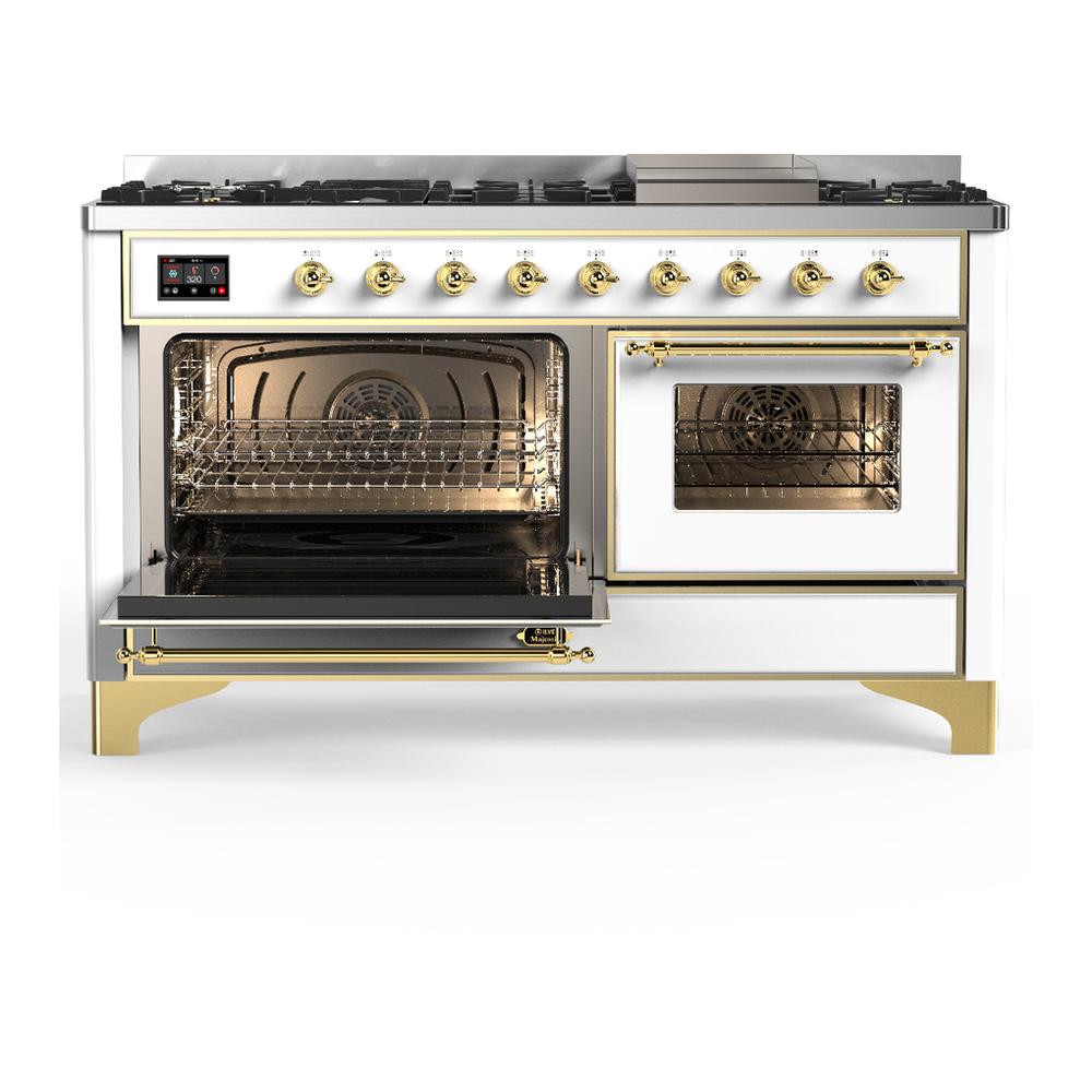Ilve UM60FNR3WHG Ilve Um60Fnr3Whg Majestic Iii 60 Inch Dual Fuel Range With 9 Burners And Griddle, Dual Function Burner Up To 25,000 Btu (Natural Gas, Triple Glass Door, White, Brass)