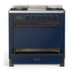 Ilve UM36FQNR3MBB Ilve Um36Fqnr3Mbb Majestic Iii 36 Inch Dual Fuel Range With 6 Black Brass Burners And Griddle, Dual Function Burner Up To 25,000 Btu (Solid Door, Midnight Blue, Burnished, Natural Gas)