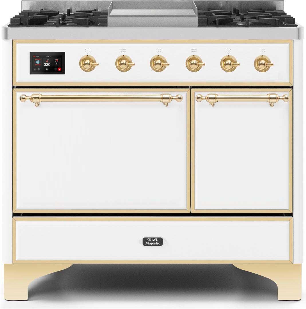 Ilve UMD10FDQNS3WHGLP Majestic Ii 40 Inch Dual Fuel Liquid Propane Freestanding Range In White With Brass Trim