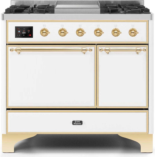 Ilve UMD10FDQNS3WHGLP Majestic Ii 40 Inch Dual Fuel Liquid Propane Freestanding Range In White With Brass Trim