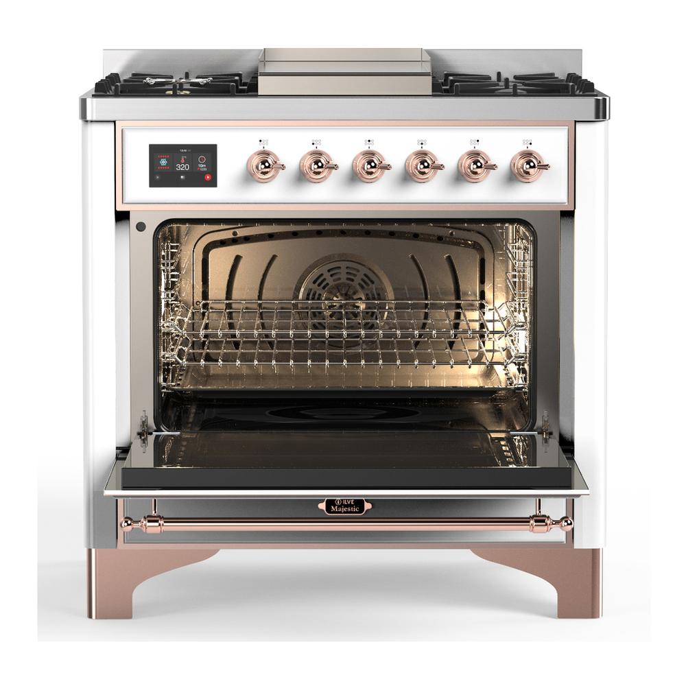 Ilve UM36FQNR3WHPLP Ilve Um36Fqnr3Whplp Majestic Iii 36 Inch Dual Fuel Range With 6 Black Brass Burners And Griddle, Dual Function Burner Up To 25,000 Btu (Solid Door, White, Copper, Liquid Propane)