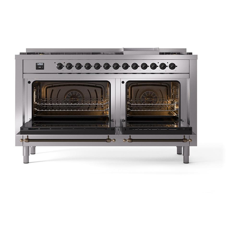 Ilve UN60FNMPSSBLP Ilve Un60Fnmpssblp Nostalgie Ii Noblesse 60" Dual Fuel Range (9 Sealed Burners + Griddle, Liquid Propane, Triple Glass Door, Stainless Steel, Burnished)