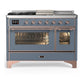 Ilve UM48FSNR3BGP Ilve Um48Fsnr3Bgp Majestic Iii 48 Inch Dual Fuel Range With 5 Black Brass Burners, Griddle And French Top, Dual Function Burner Up To 25,000 Btu (Natural Gas, Triple Glass Door, Blue Grey, Copper)