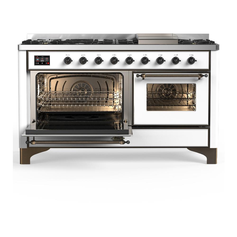 Ilve UM60FNR3WHBLP Ilve Um60Fnr3Whblp Majestic Iii 60 Inch Dual Fuel Range With 9 Burners And Griddle, Dual Function Burner Up To 25,000 Btu (Liquid Propane, Triple Glass Door, White, Burnished)