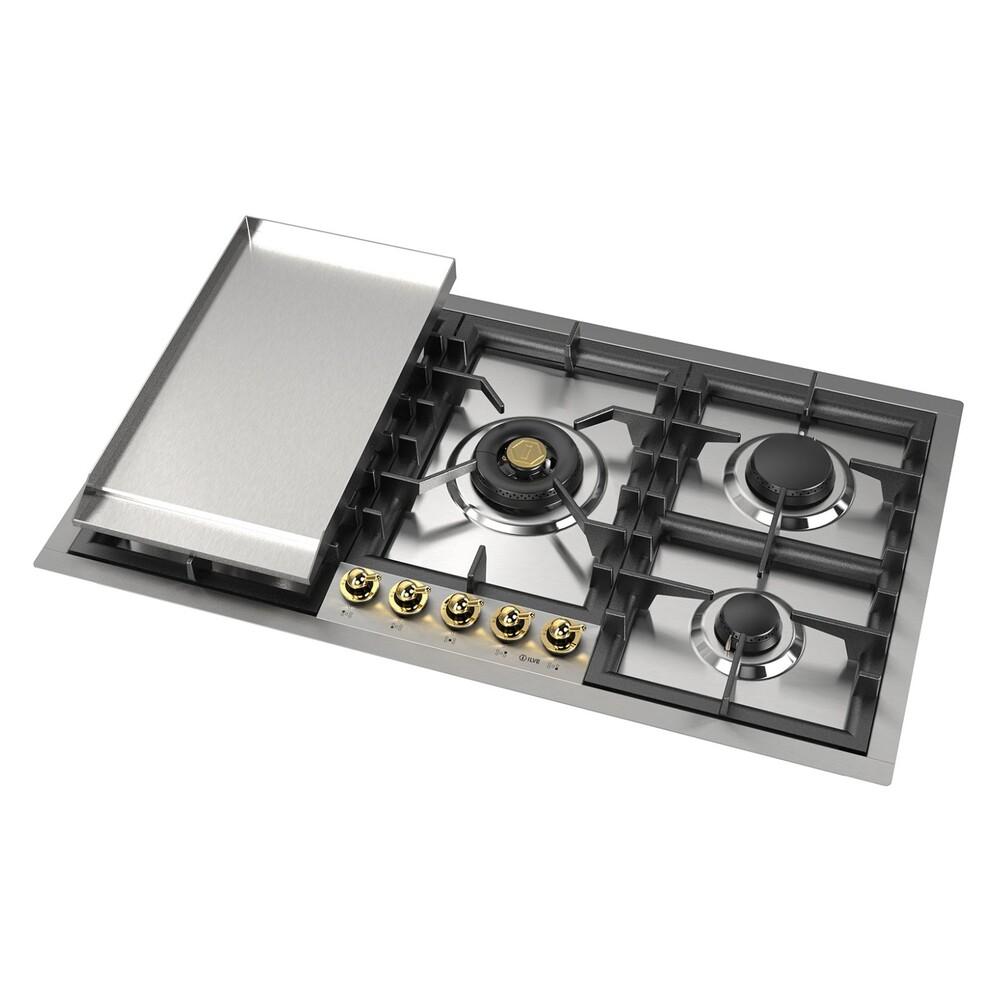 Ilve UHCPT95FNSSG Ilve Uhcpt95Fnssg Nostalgie Ii 36 Inch Built-In Gas Cooktop With Total Black Brass Burners, In Stainless Steel (5 Sealed Burners + Griddle, Natural Gas)