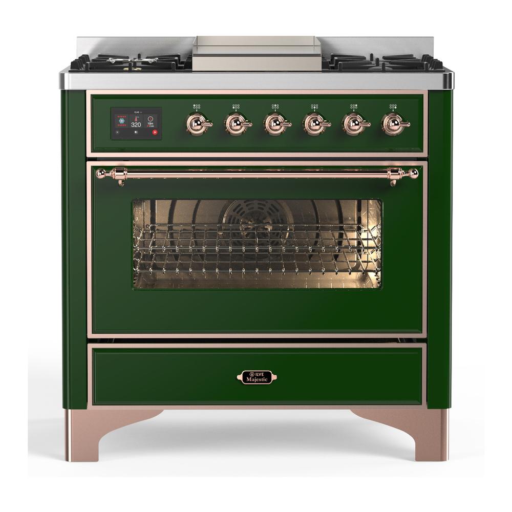 Ilve UM36FNR3EGP Ilve Um36Fnr3Egp Majestic Iii 36 Inch Dual Fuel Range With 6 Black Brass Burners And Griddle, Dual Function Burner Up To 25,000 Btu (Triple Glass Door, Emerald Green, Copper, Natural Gas)