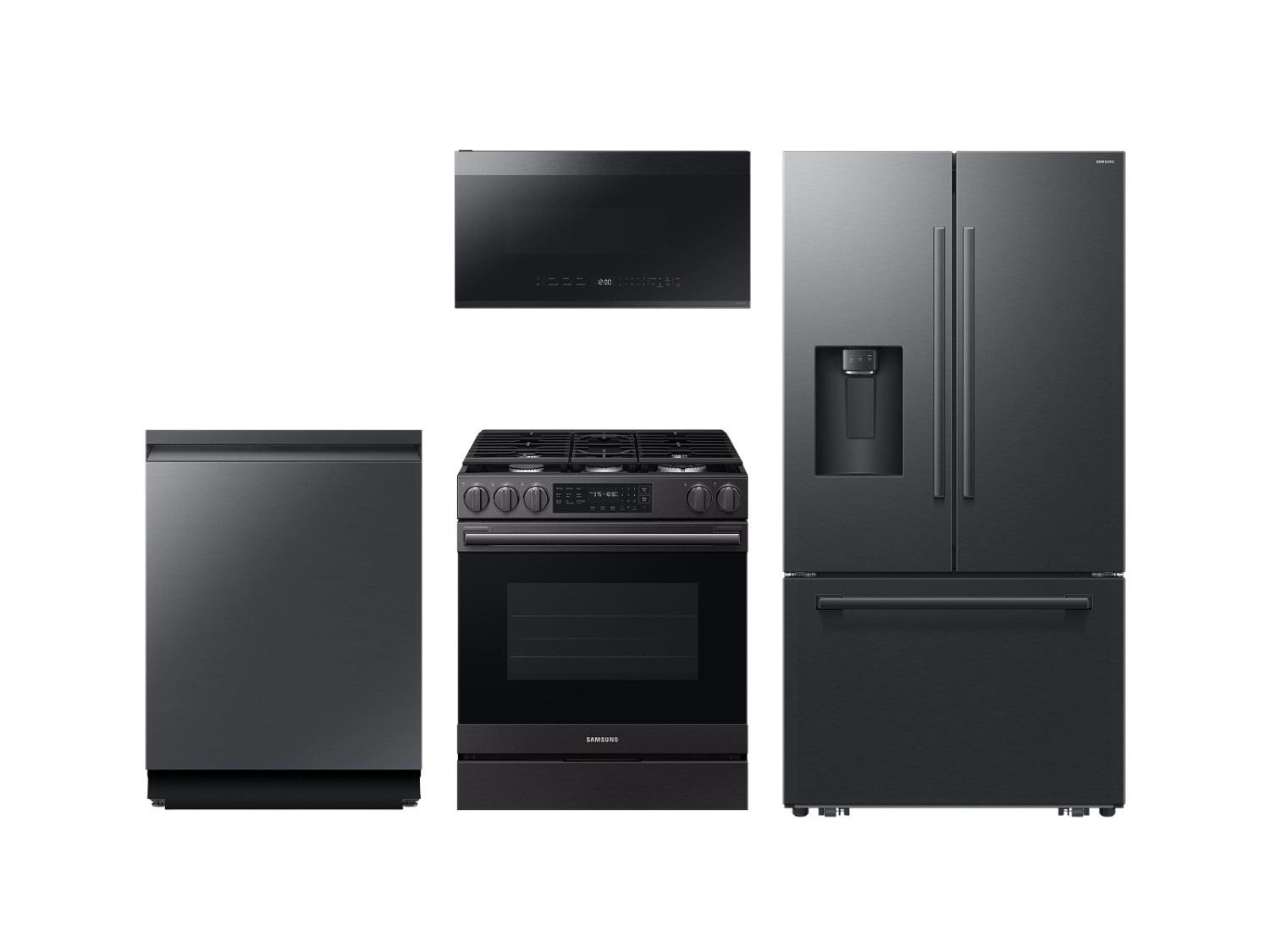 Samsung F1772032127069 Bespoke Kitchen Package With Ai 3-Door French Door Fridge, Slide-In Gas Range, Smart Dishwasher & Over-The-Range Microwave In Matte Black Steel