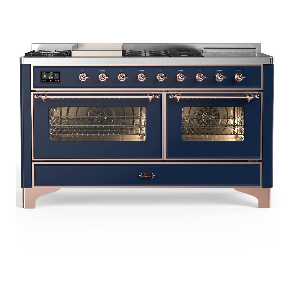 Ilve UM60FSNR3MBP Ilve Um60Fsnr3Mbp Majestic Iii 60 Inch Dual Fuel Range With 7 Burners, Griddle And French Top, Dual Function Burner With Up To 25,000 Btu (Natural Gas, Triple Glass Door, Midnight Blue, Copper)