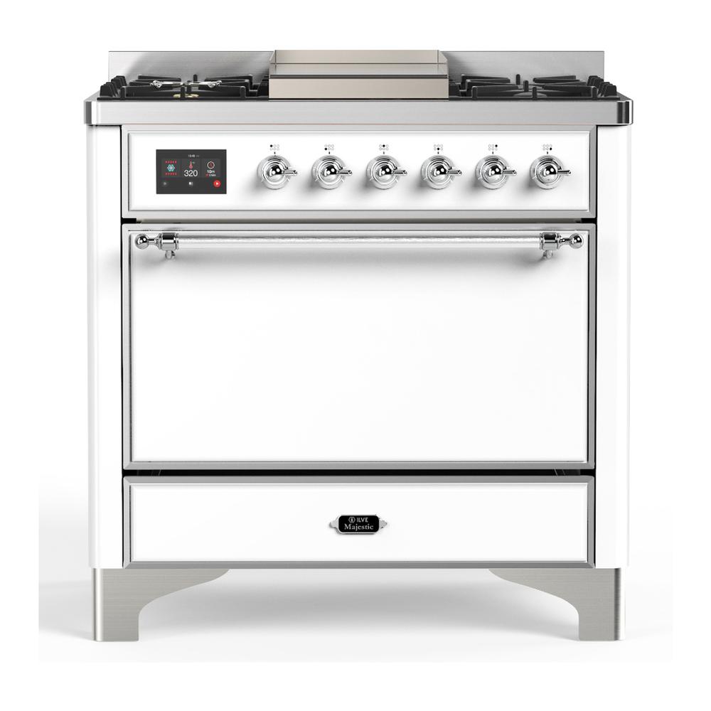 Ilve UM36FQNR3WHCLP Ilve Um36Fqnr3Whclp Majestic Iii 36 Inch Dual Fuel Range With 6 Black Brass Burners And Griddle, Dual Function Burner Up To 25,000 Btu (Solid Door, White, Chrome, Liquid Propane)