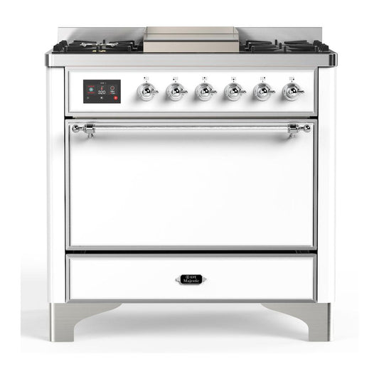 Ilve UM36FQNR3WHCLP Ilve Um36Fqnr3Whclp Majestic Iii 36 Inch Dual Fuel Range With 6 Black Brass Burners And Griddle, Dual Function Burner Up To 25,000 Btu (Solid Door, White, Chrome, Liquid Propane)