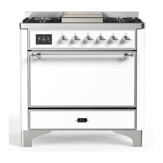 Ilve UM36FQNR3WHCLP Ilve Um36Fqnr3Whclp Majestic Iii 36 Inch Dual Fuel Range With 6 Black Brass Burners And Griddle, Dual Function Burner Up To 25,000 Btu (Solid Door, White, Chrome, Liquid Propane)