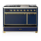 Ilve UM48FQNR3MBGLP Ilve Um48Fqnr3Mbglp Majestic Iii 48 Inch Dual Fuel Range With 8 Burners And Griddle, Dual Function Burner Up To 25,000 Btu (Liquid Propane, Solid Door, Midnight Blue, Brass)