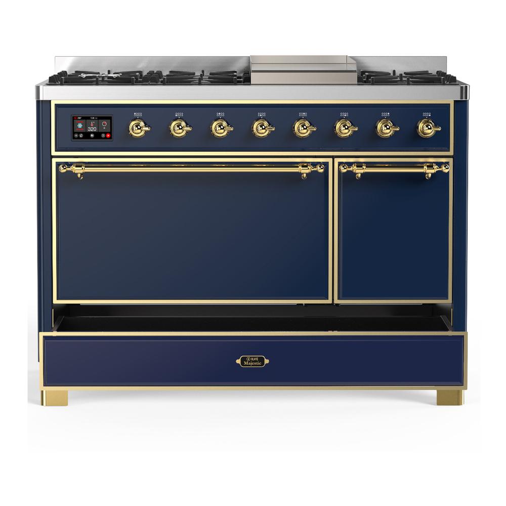Ilve UM48FQNR3MBGLP Ilve Um48Fqnr3Mbglp Majestic Iii 48 Inch Dual Fuel Range With 8 Burners And Griddle, Dual Function Burner Up To 25,000 Btu (Liquid Propane, Solid Door, Midnight Blue, Brass)